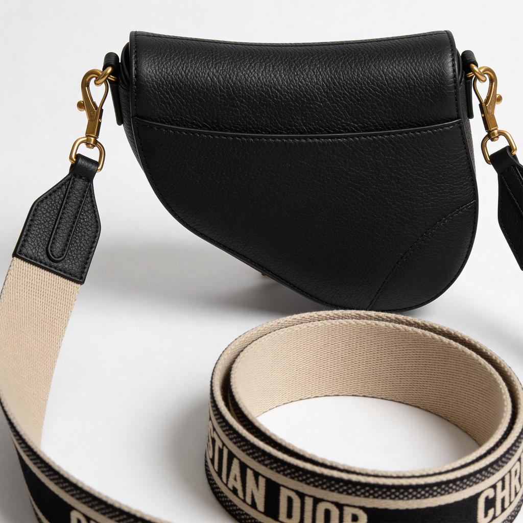 Christian Dior Saddle Bag, black grained leather, back view with embroidered Christian Dior shoulder strap