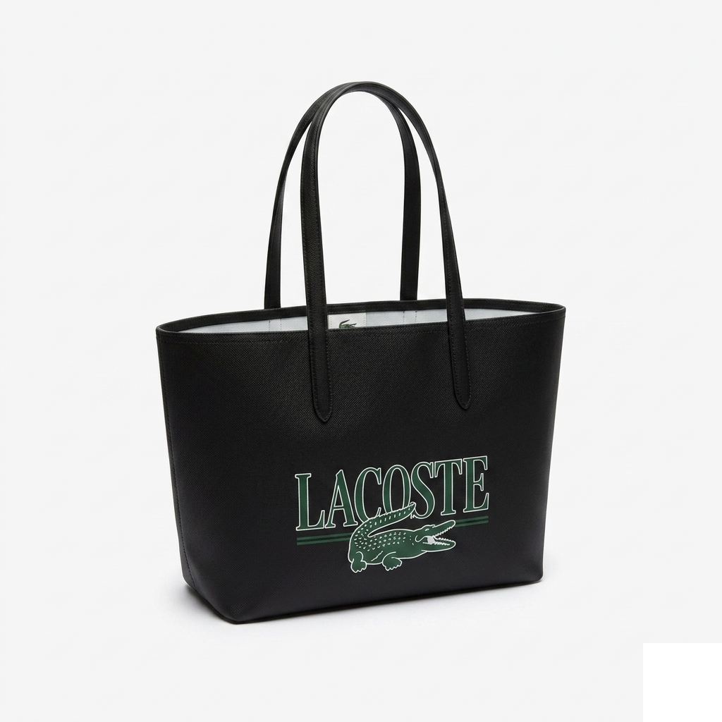 Lacoste Anna Print Tote, black coated canvas with green LACOSTE wordmark and crocodile graphic, front view on pure-white