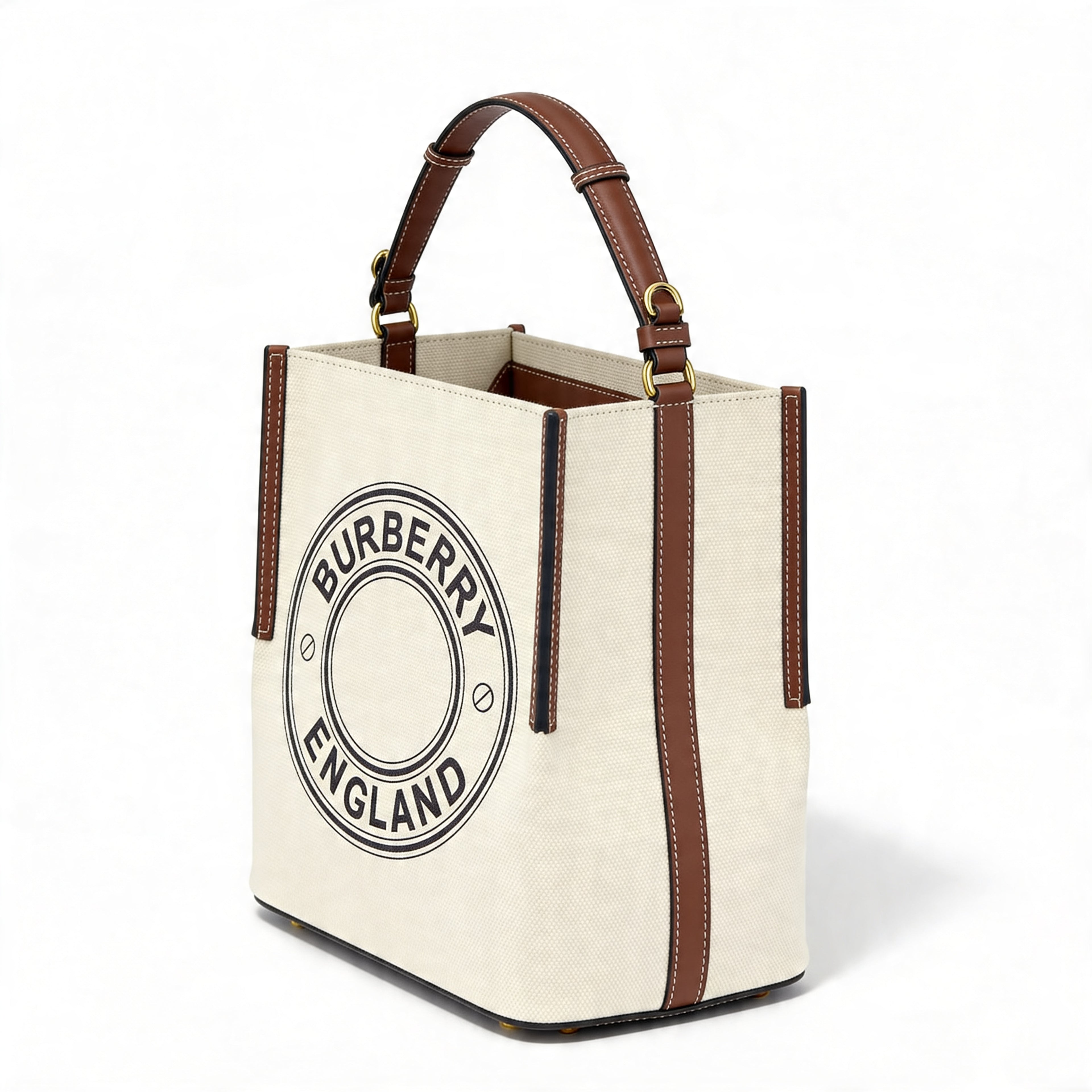 Burberry Logo Graphic Small Canvas Tote, natural canvas with tan leather trim, front 3/4 view with circular Burberry England logo