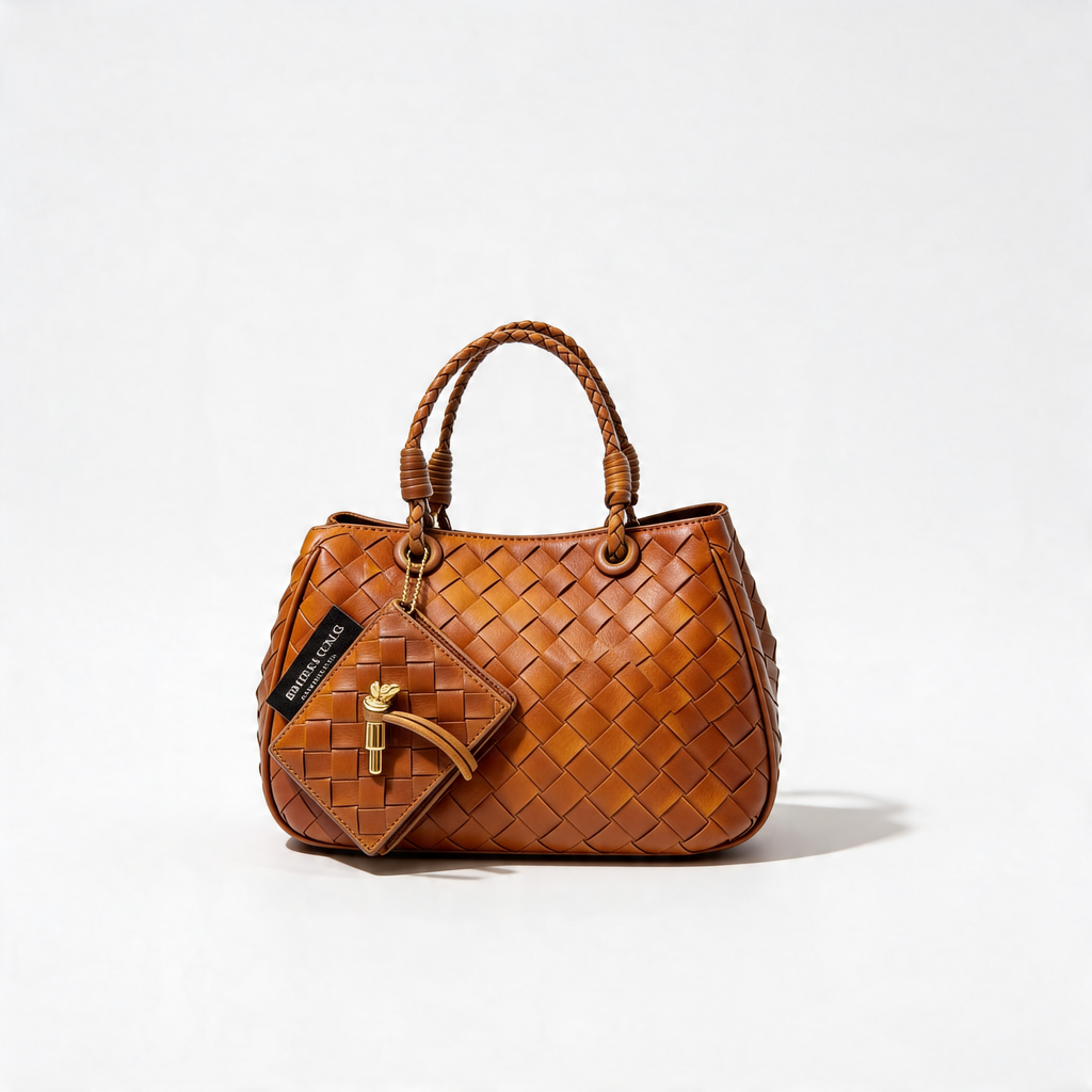 Bottega Veneta Andiamo Mini Tote in cognac intrecciato leather with braided handles and triangular mini coin-pouch charm