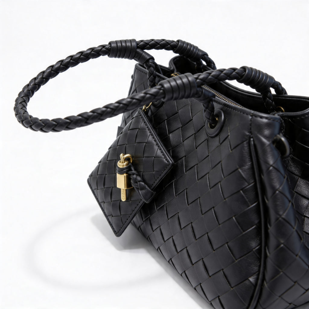 Bottega Veneta Andiamo Mini Tote in black, side close-up of braided handles and triangular charm