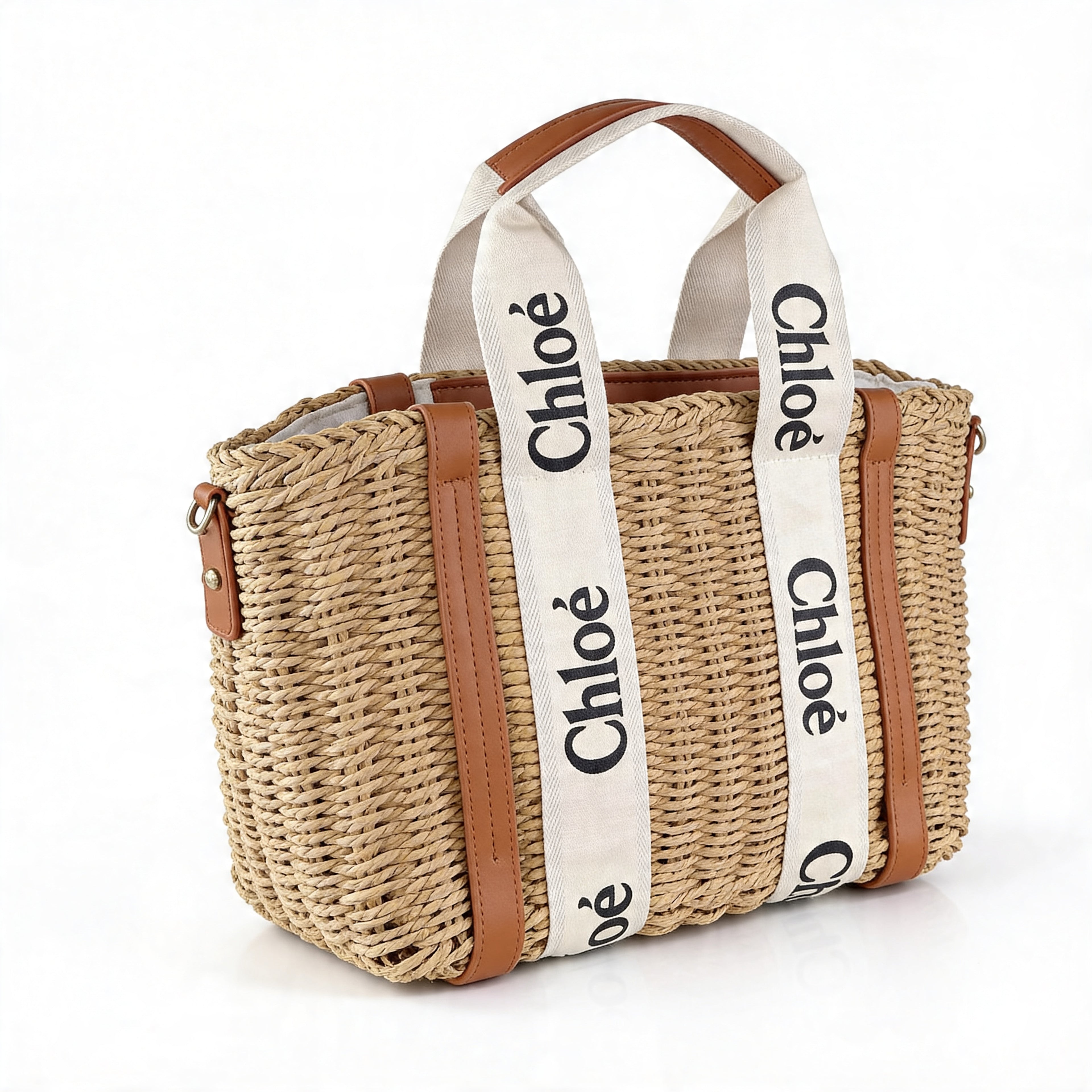 Chloé Woody Basket Tote, natural wicker with tan leather trim and ivory canvas straps with woven Chloé wordmark, 3/4 view