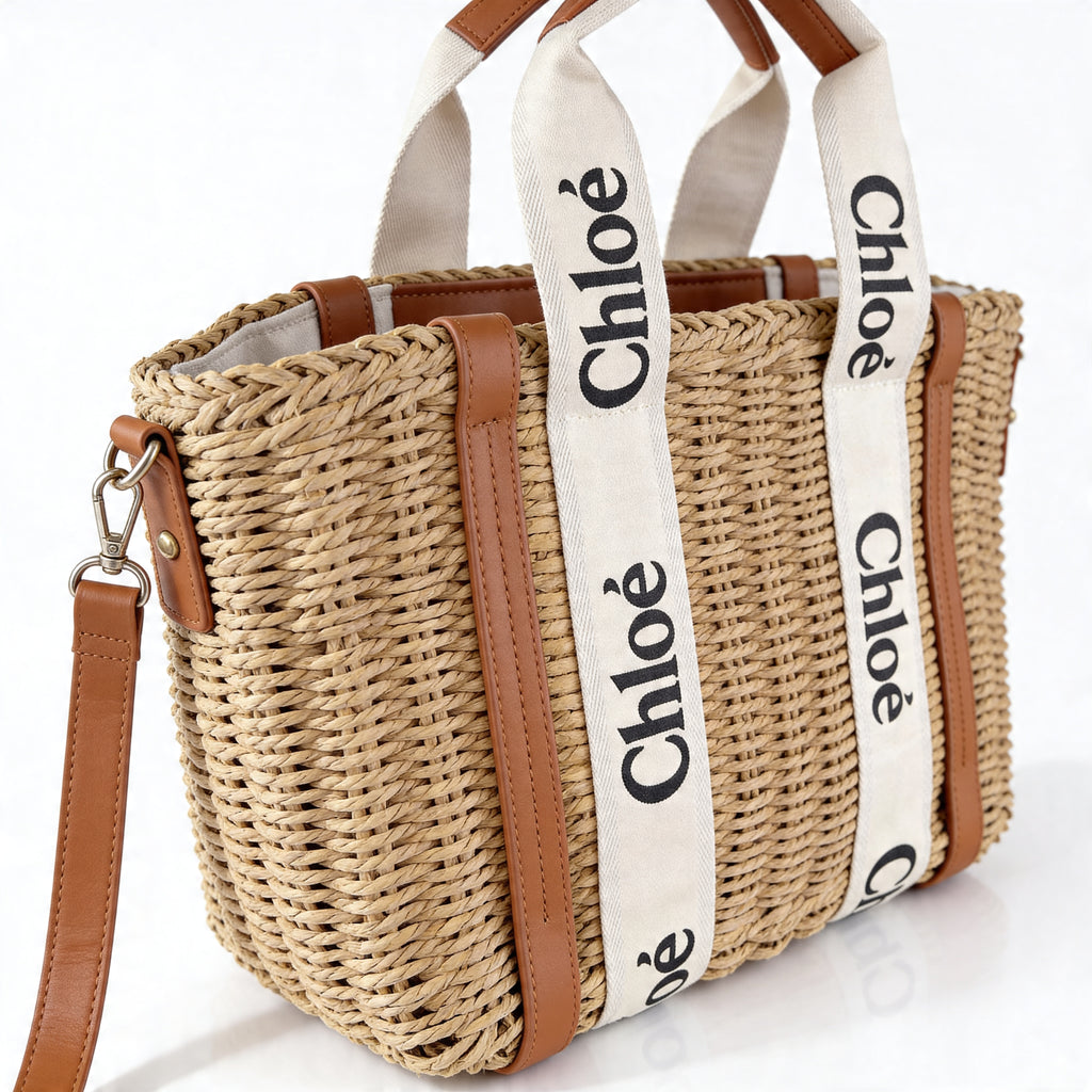 Chloé Woody Basket Tote, close-up showing woven Chloé wordmark on cotton canvas straps and tan leather corner reinforcements
