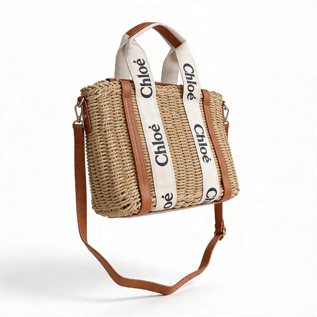 Chloé Woody Basket Tote, floating composition with detachable tan leather shoulder strap, natural wicker body