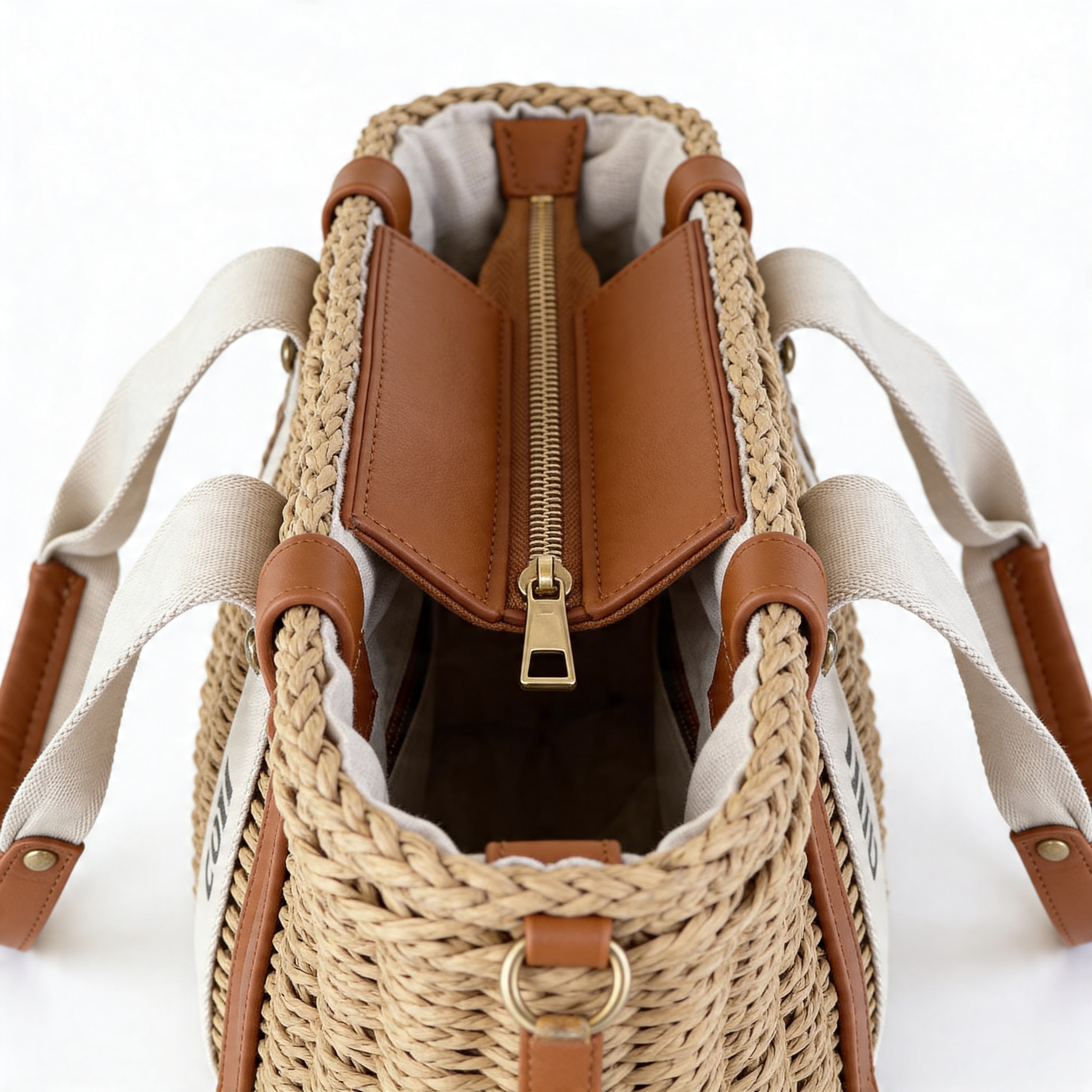 Chloé Woody Basket Tote, top-down view of zippered closure with gold pull and tan leather corner gussets