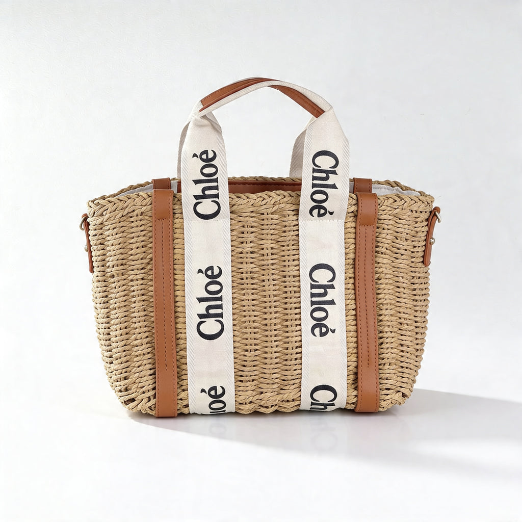 Chloé Woody Basket Tote, front view on off-white, wicker body with ivory Chloé canvas straps and tan leather trim