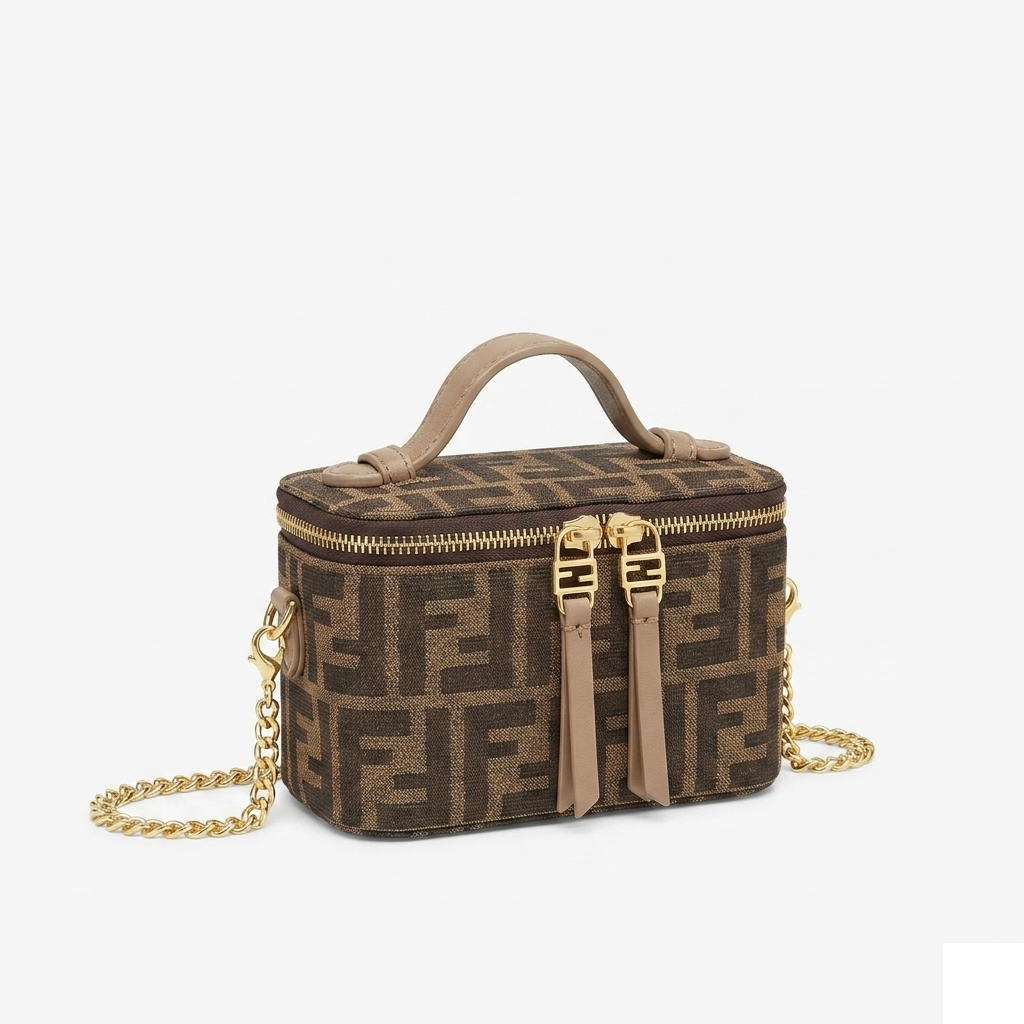 Fendi Mini Vanity Case, brown FF Zucca jacquard canvas with beige calfskin trim, gold chain, side angle on pure-white