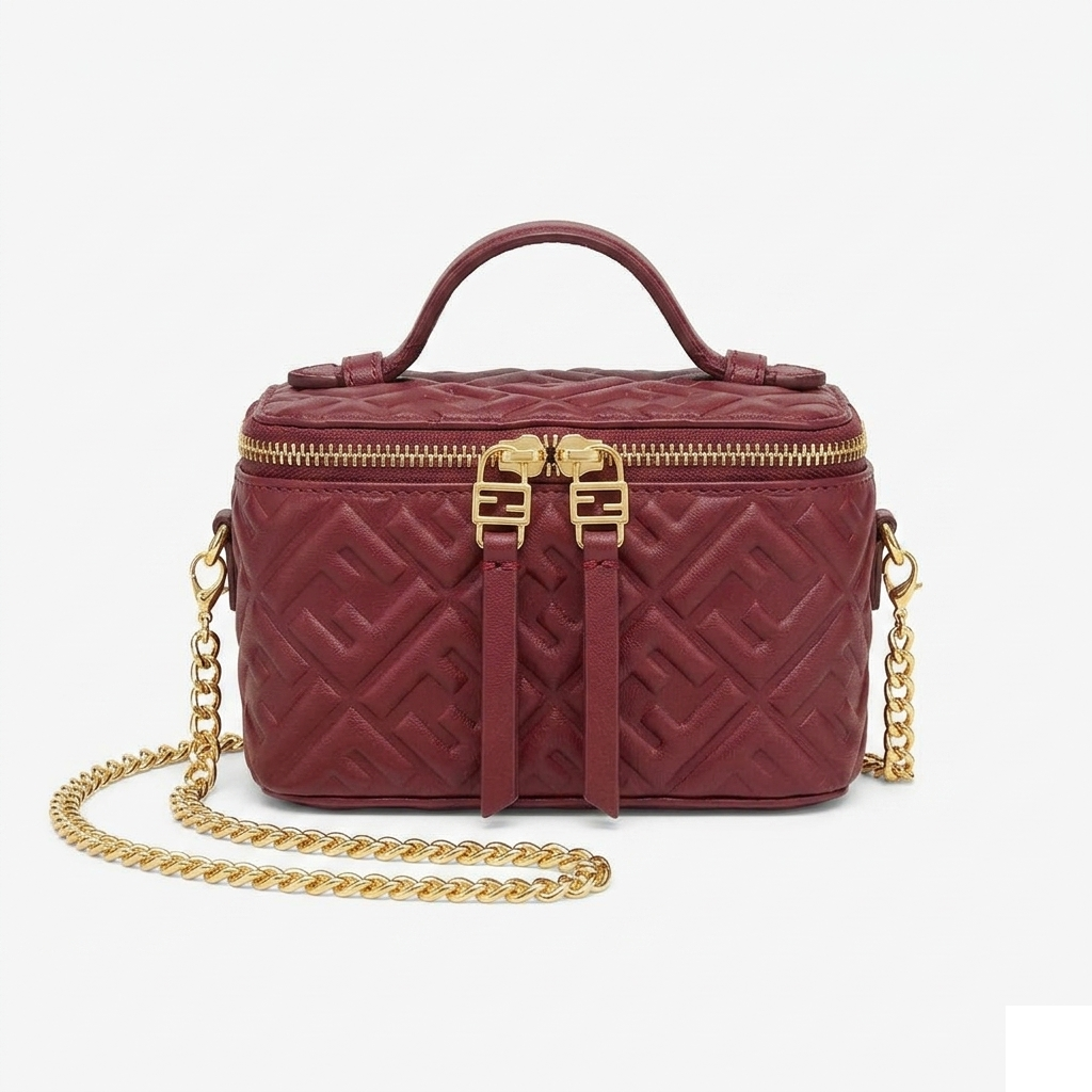 Fendi Mini Vanity Case, burgundy FF embossed nappa leather, gold chain, front view on pure-white