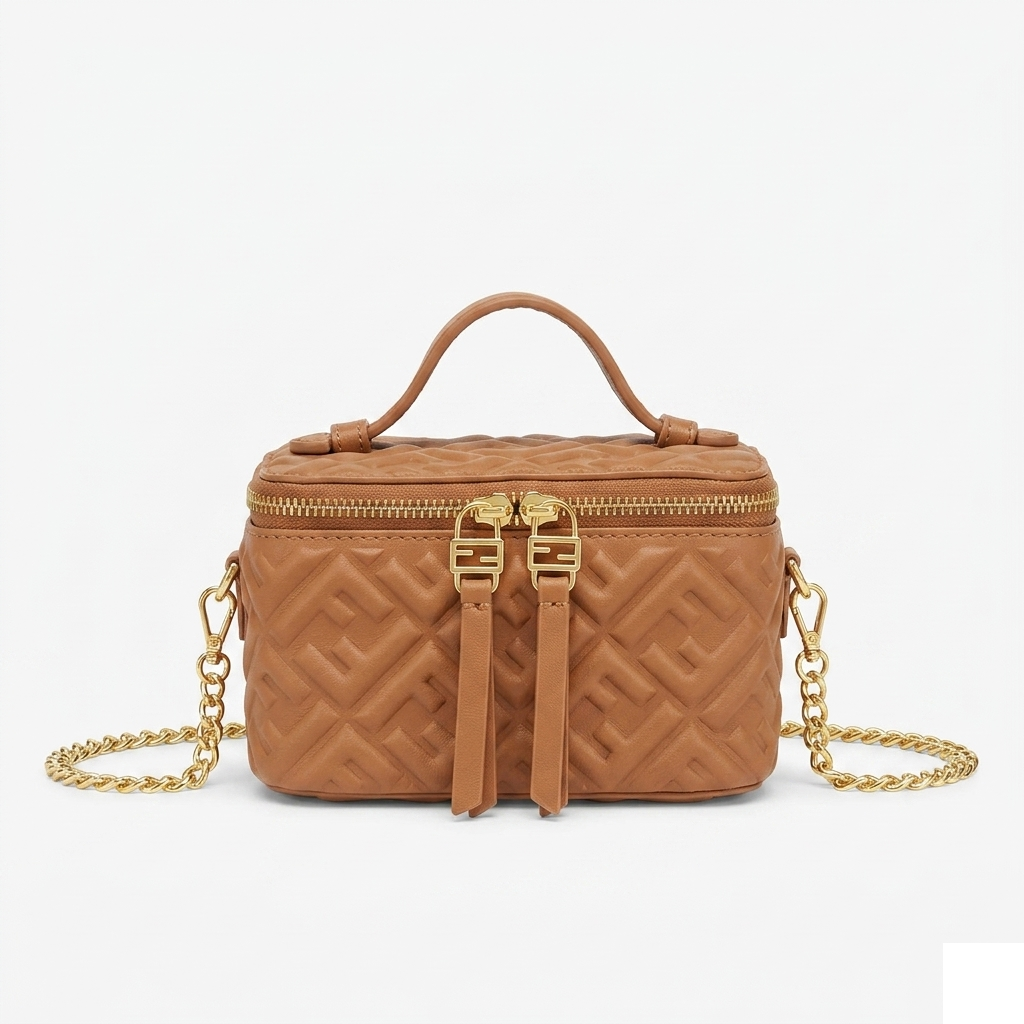 Fendi Mini Vanity Case, tan caramel FF embossed nappa leather, gold chain, front view on pure-white