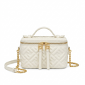 Fendi Mini Vanity Case, white FF embossed nappa leather, gold chain laid out, front view on pure-white