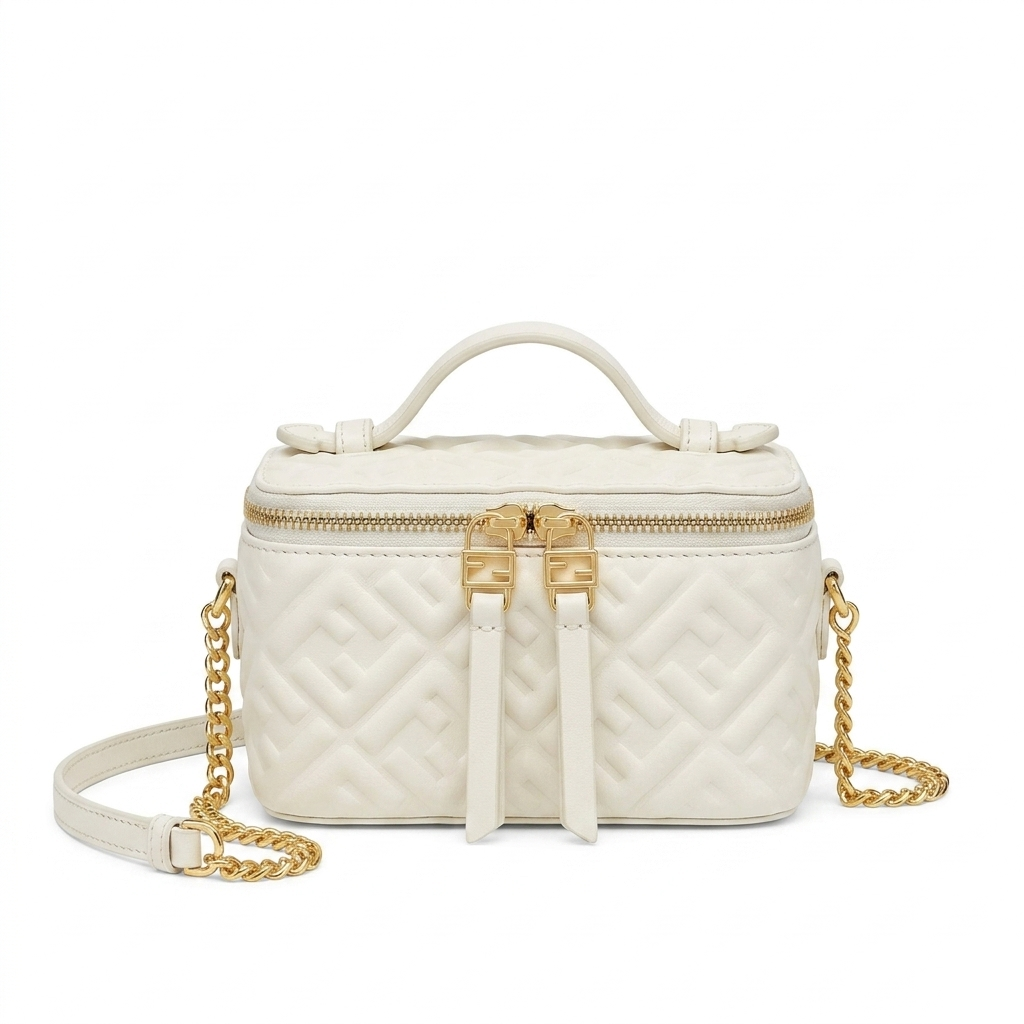 Fendi Mini Vanity Case, white FF embossed nappa leather, gold chain laid out, front view on pure-white
