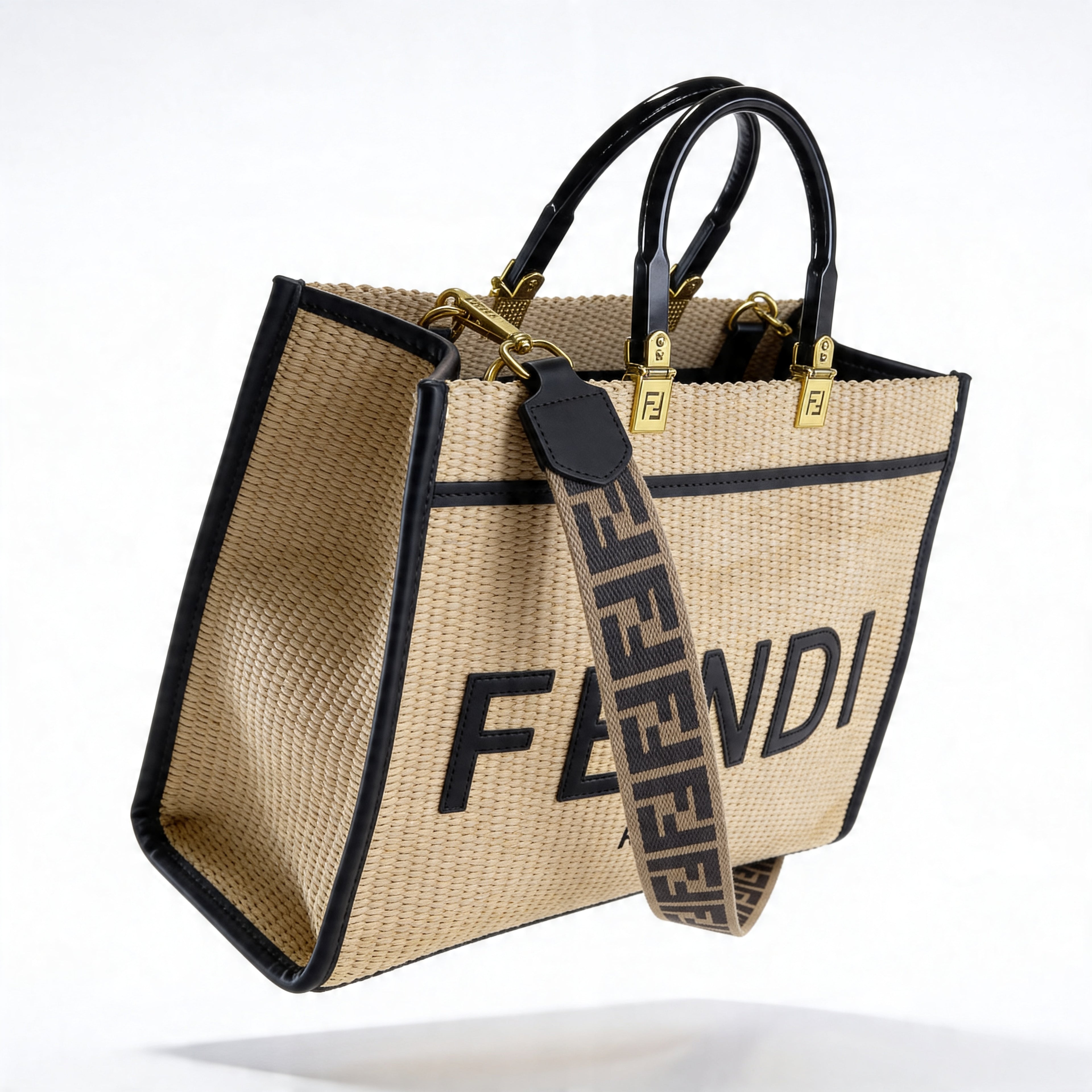 Fendi Sunshine Shopper Tote, floating composition with FF Zucca jacquard shoulder strap, raffia body
