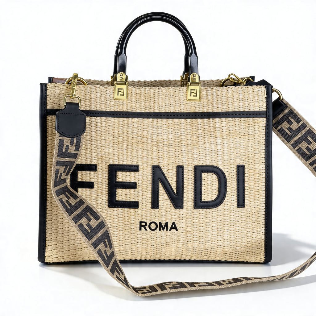 Fendi Sunshine Shopper Tote, front view with FENDI ROMA embroidery and FF Zucca strap draped across, raffia body
