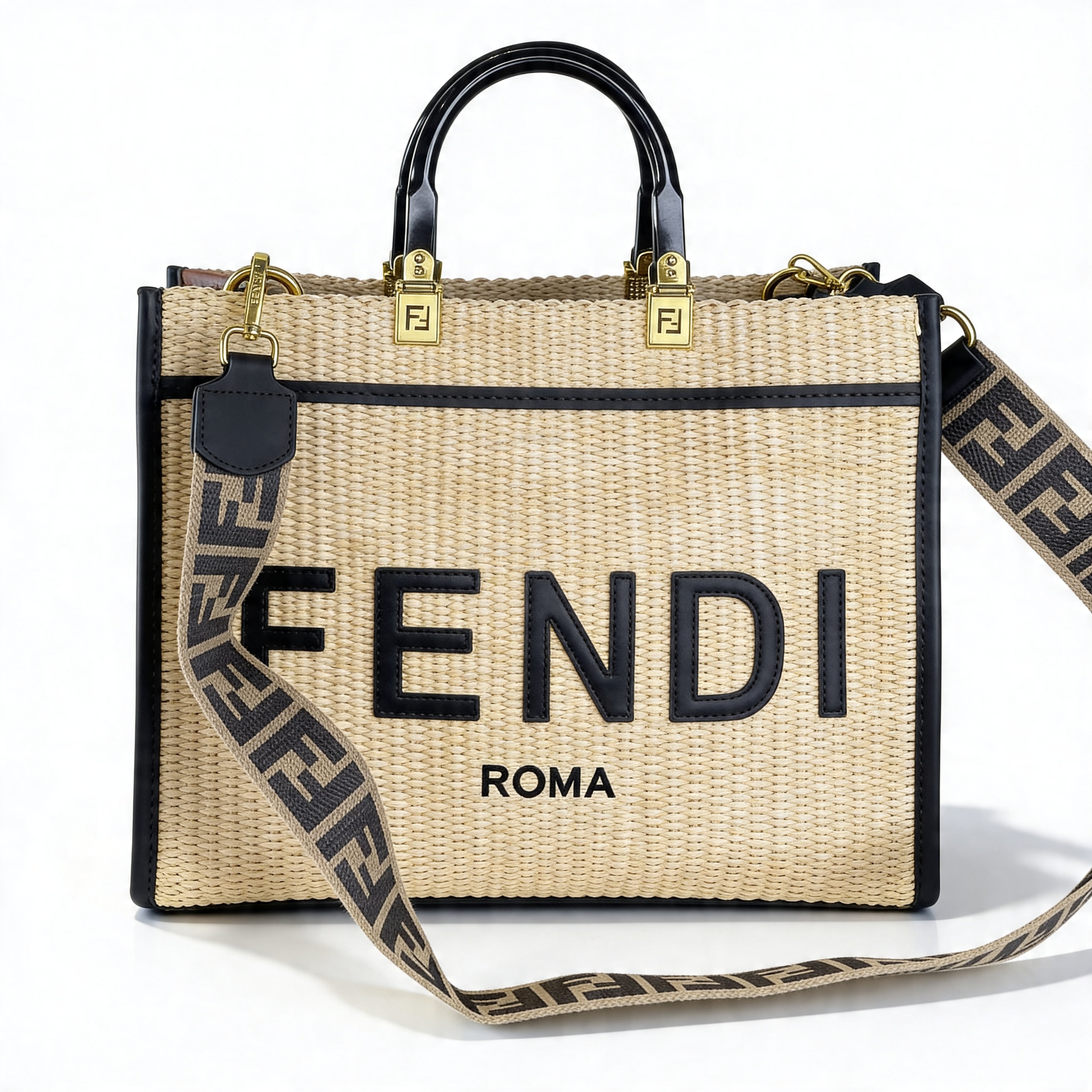 Fendi Sunshine Shopper Tote, front view with FENDI ROMA embroidery and FF Zucca strap draped across, raffia body
