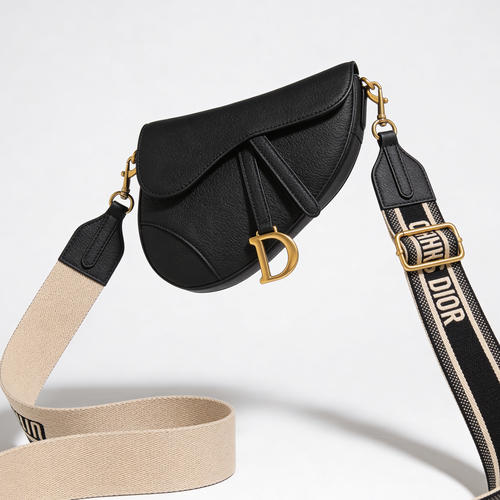 Christian Dior Saddle Bag, black grained leather, floating composition with dual strap detail on pure-white