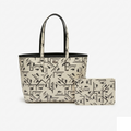 Lacoste Monogram Print Tote, cream coated canvas with all-over LACOSTE script and matching pouch, front view on pure-white