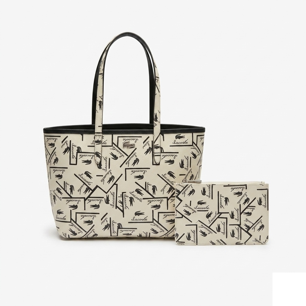 Lacoste Monogram Print Tote, cream coated canvas with all-over LACOSTE script and matching pouch, front view on pure-white