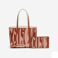 Lacoste Anna Print Tote, rust-pink brushstroke coated canvas with matching pouch, front view on pure-white