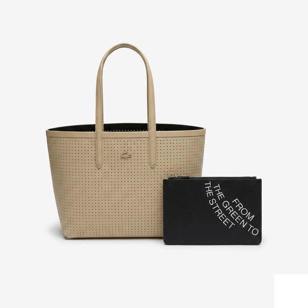 Lacoste Anna Reversible Perforated Tote, beige coated canvas with matching slogan pouch, front view on pure-white