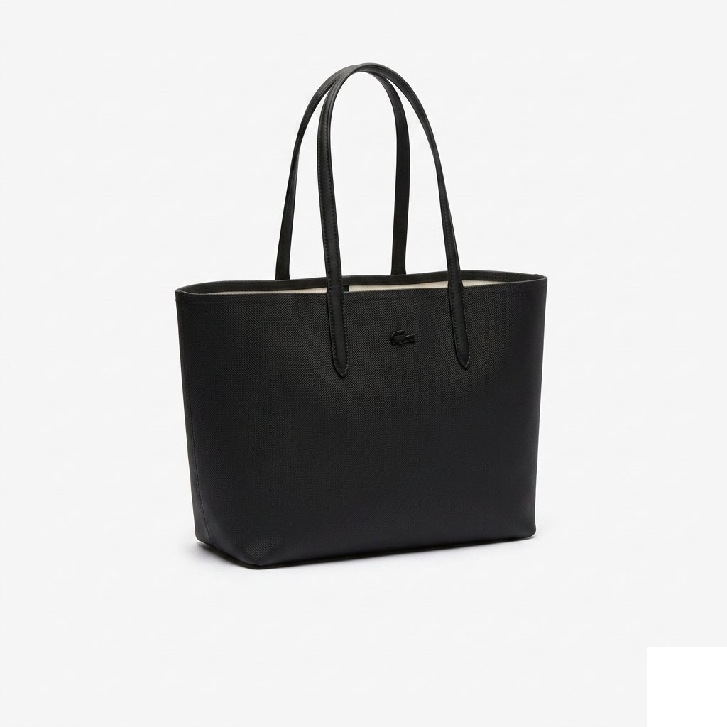 Lacoste Anna Reversible Tote, black coated petit-piqué canvas, front view on pure-white