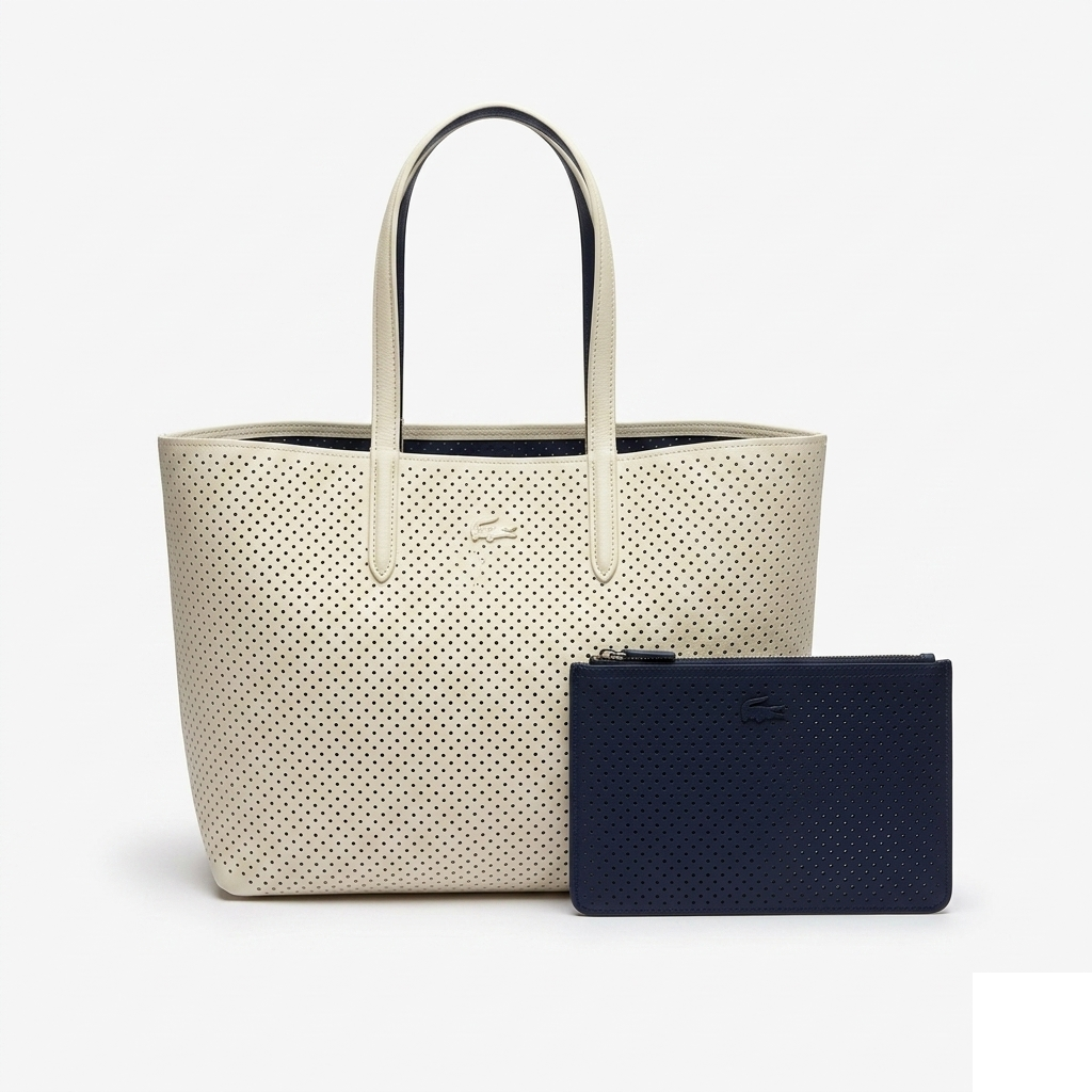 Lacoste Anna Reversible Perforated Tote, cream face out with navy reverse and matching navy pouch, front view on pure-white