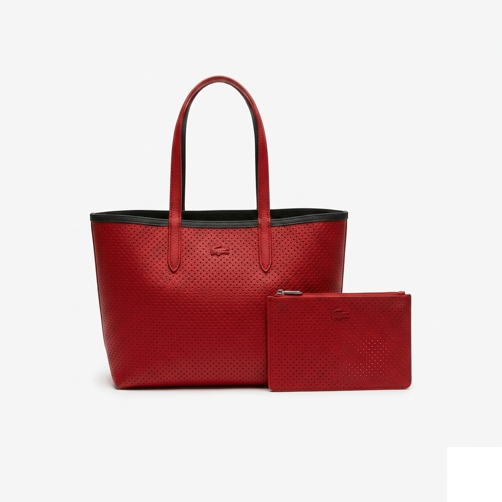 Lacoste Anna Reversible Perforated Tote, red coated canvas with matching red pouch, front view on pure-white