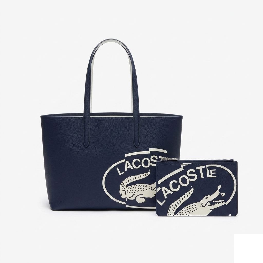 Lacoste Anna Print Tote, navy coated canvas with white LACOSTE wordmark and crocodile graphic plus matching navy pouch, front view on pure-white