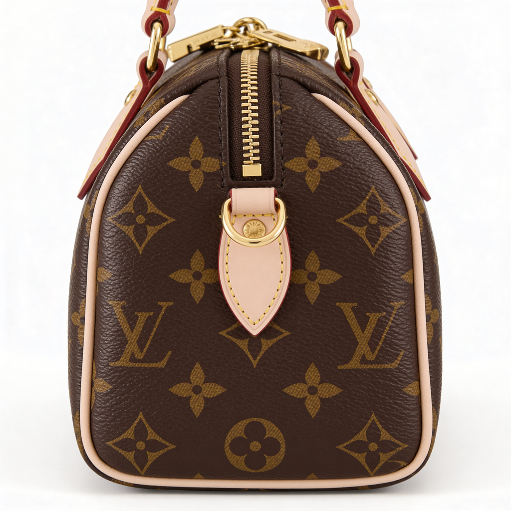 Louis Vuitton Speedy, Monogram canvas, alternate side angle showing vachetta strap